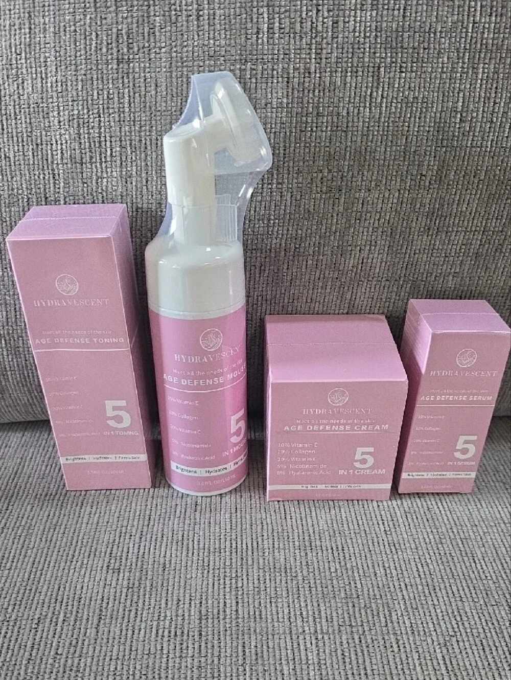 Hydravescent Age Defense 5-in-1 Skincare Collection- Toner, Mousse, Cream, Serum